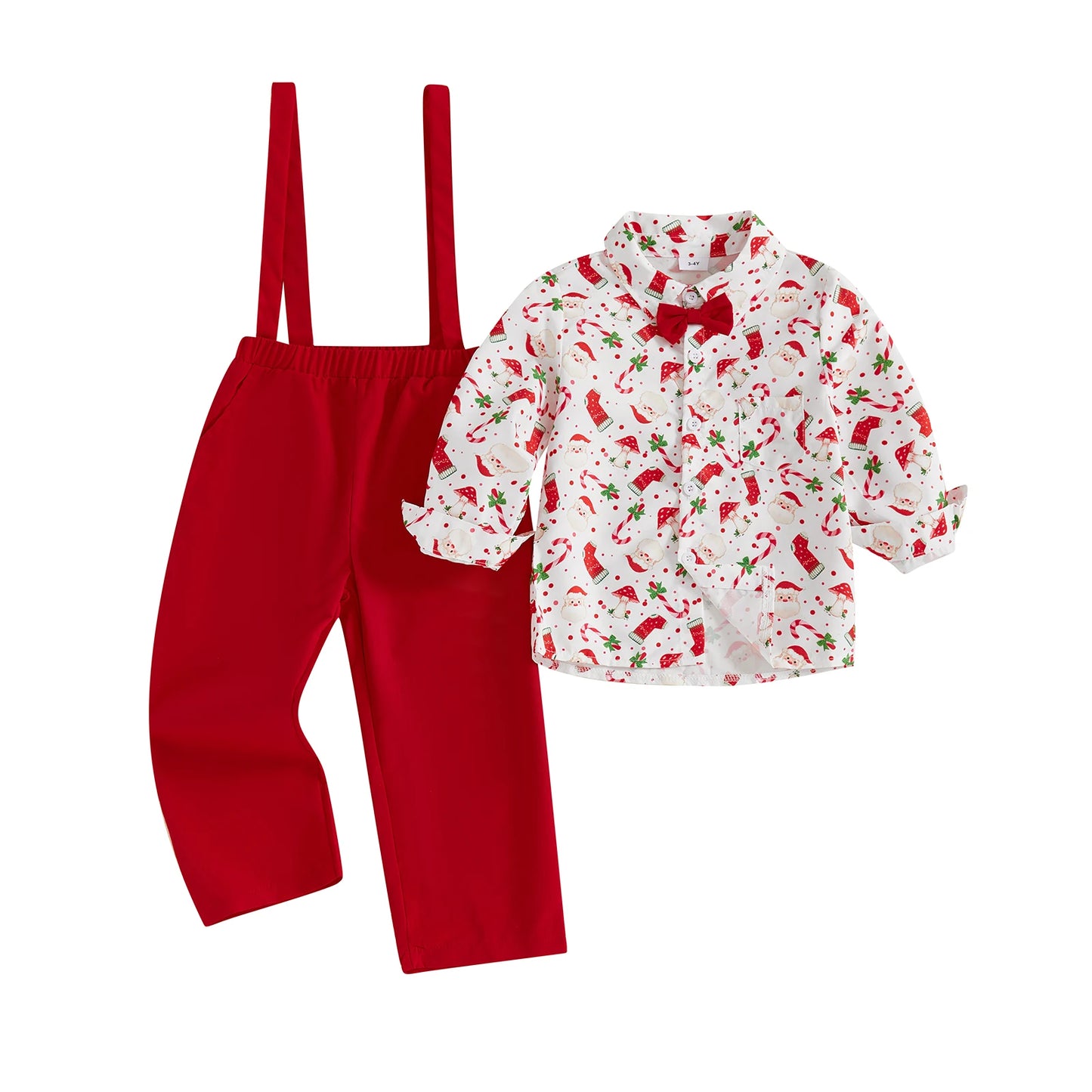 Infant Boys Christmas Outfit Set Gingerbread Print Shirt with Long Sleeves and Solid Color Overalls Pants 2-Piece Clothing