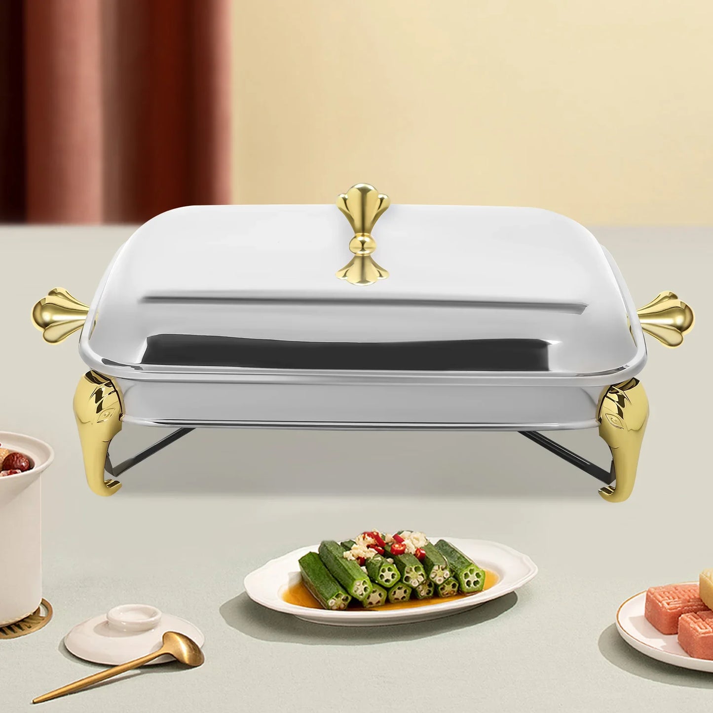 Chafing Dish Buffet Set Server Stainless Steel Chafing Dishes Oven Safe Glass Rectangle Food Warmer for Parties 2.9L Gold and Si