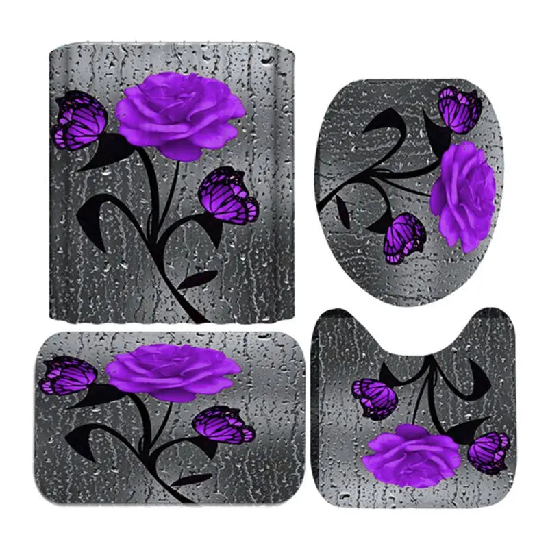 4 Piece Set Doormat Shower Curtain Non Slip Rugs Toilet Seat Cover Bath Carpet Durable Waterproof Bathroom Home Entrance Decor
