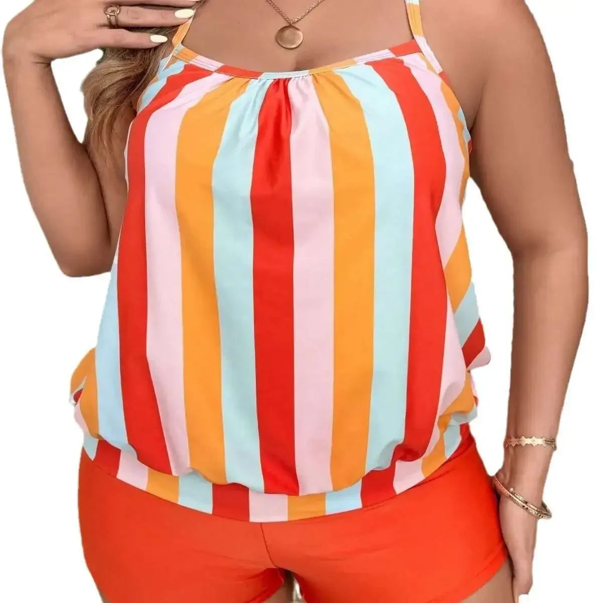 New Plus Size Split Swimsuit for Women, Flat Cornered Women, Striped Printed Swimsuit, Skirt Style Swimsuit for Women Casual Y2k