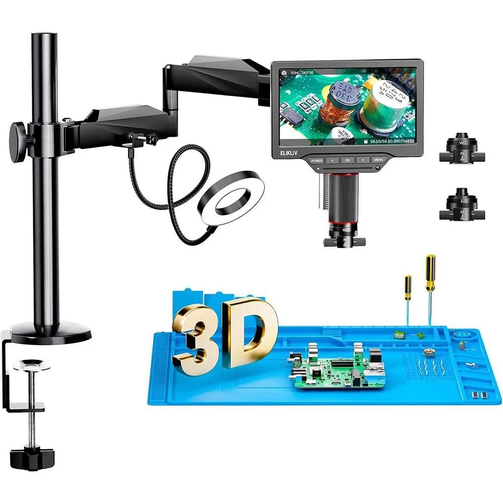 Elikliv 7 Inch 3D Digital Microscope with Magnetic Dual Lens 3K Soldering Microscopio for Electronics EM3K 3D Flex Arm Ring Light