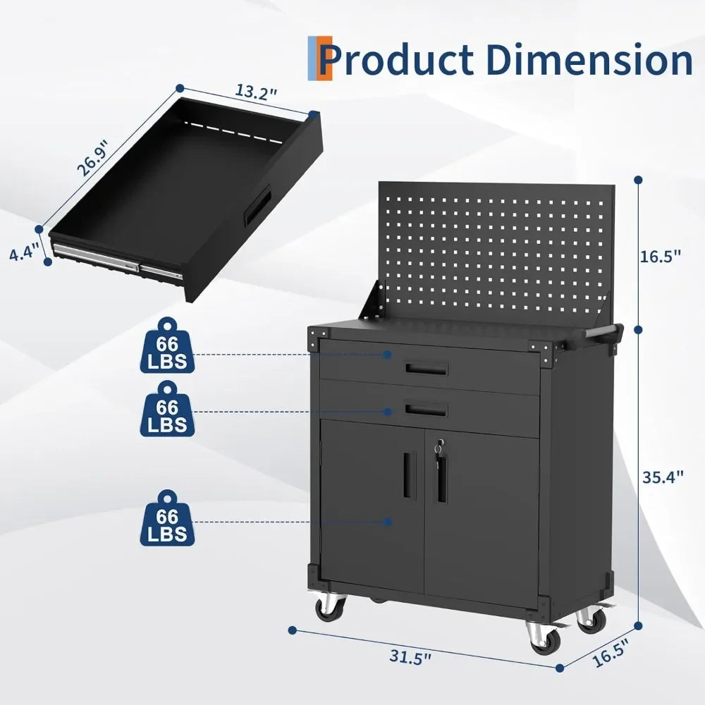 Tool Chest Cabinet Mobile Garage Workbench - 35" High with 2 Drawers, Pegboard,Heavy Duty Metal Rolling Design, Adjustable Shelf