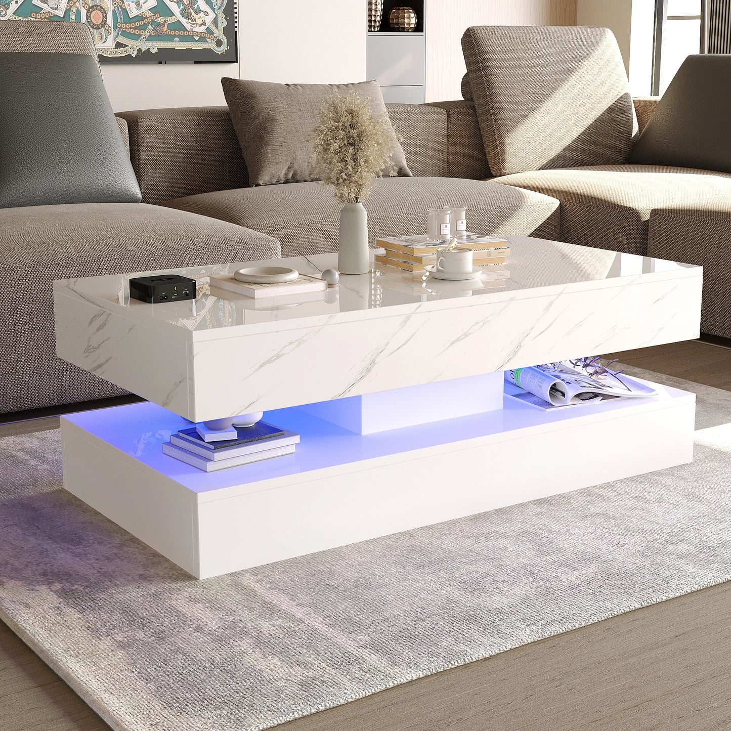 Modern Stylish Coffee Table with LED Lights Double Layer Design and Two Storage Drawers for Living Room