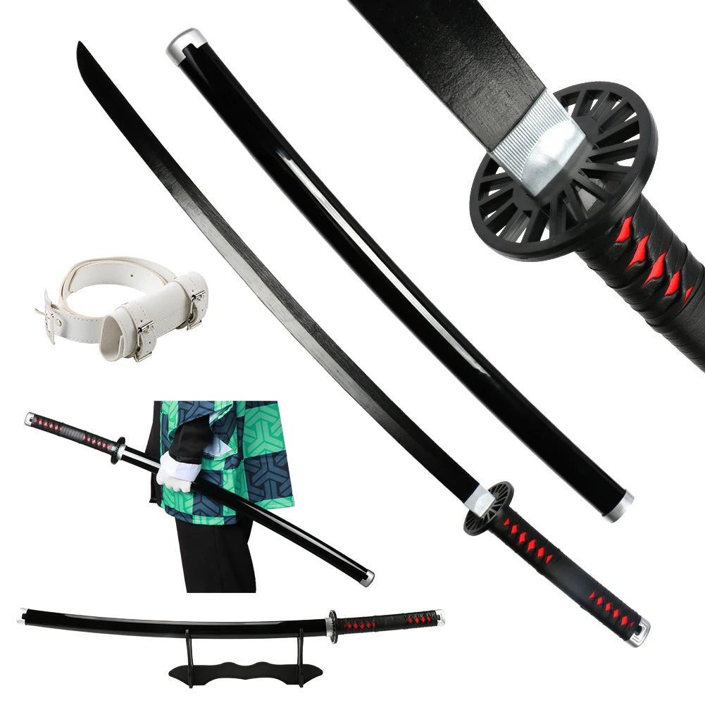 104cm Demon Slayer Katana Sword Kimetsu no Yaiba Wooden Cosplay Anime Weapon Sword Toy Katanas with Display Stand and Belt