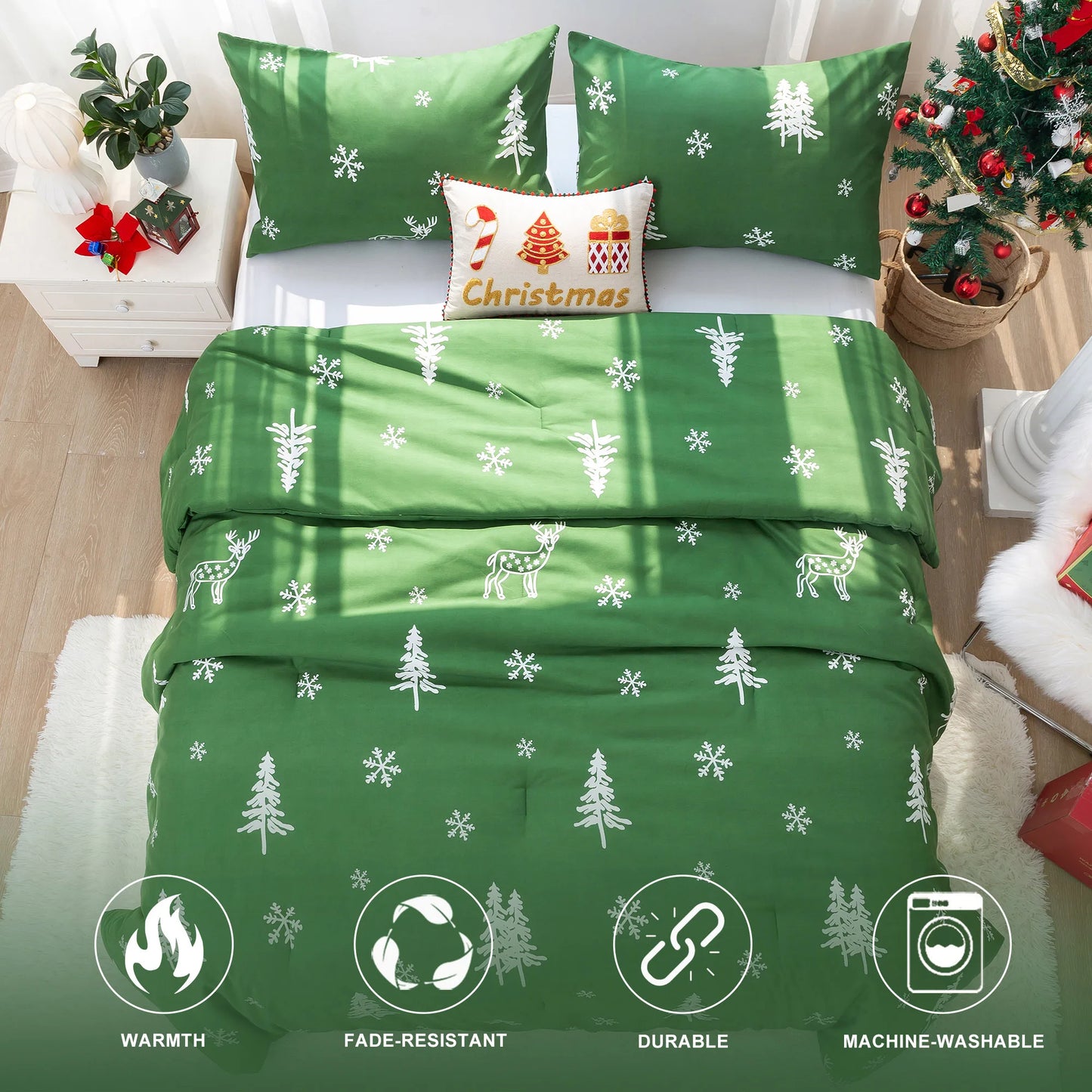Soft Polycotton Queen Size Bed Comforter Christmas Reindeer Elks Bedding Down Alternative Comforter Set with Pillow Sham