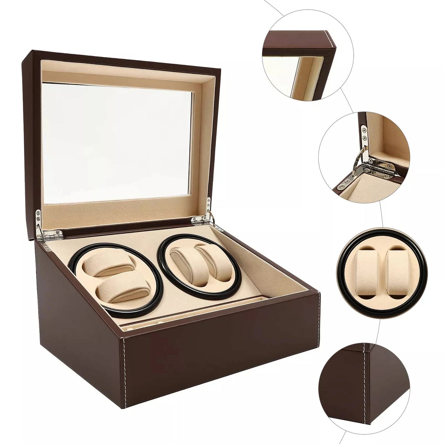 Automatic 4+6 Rotation Watch Winder Storage Box, Leather Wood Display Case