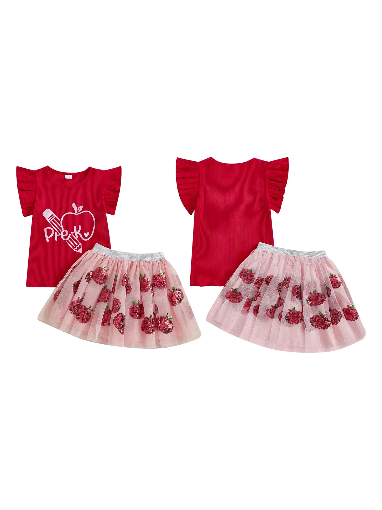 Cute Toddler Girls Back to School Outfits with Flutter Sleeve Apple Print Tops and Tulle Skirt Set - Adorable Baby Clothes for