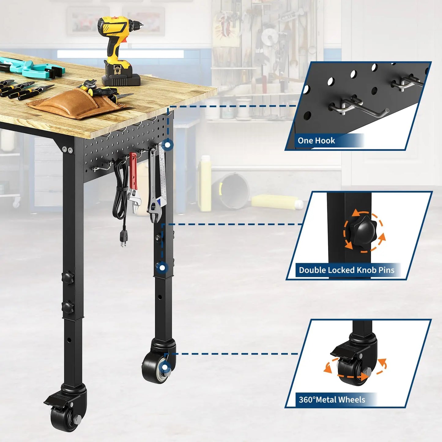 48/60" Adjustable Work Bench for Garage Workstation with Hooks/Power Outlets/Wheels,2000 Lbs Rubber Worktable for Workshop Garag