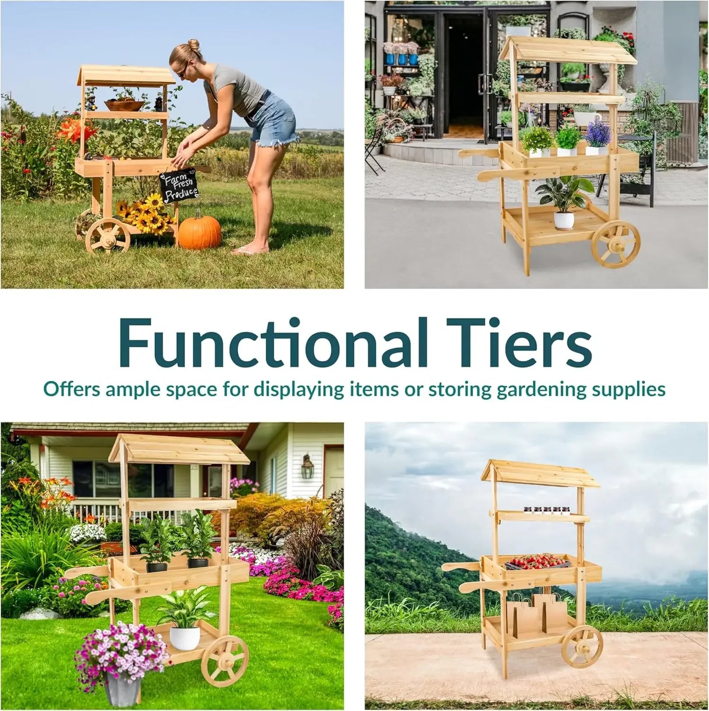 30 lb Weight Capacity Natural Fir Country Market Flower Cart Display Stand with Wheels 2 Shelve Fir Wood