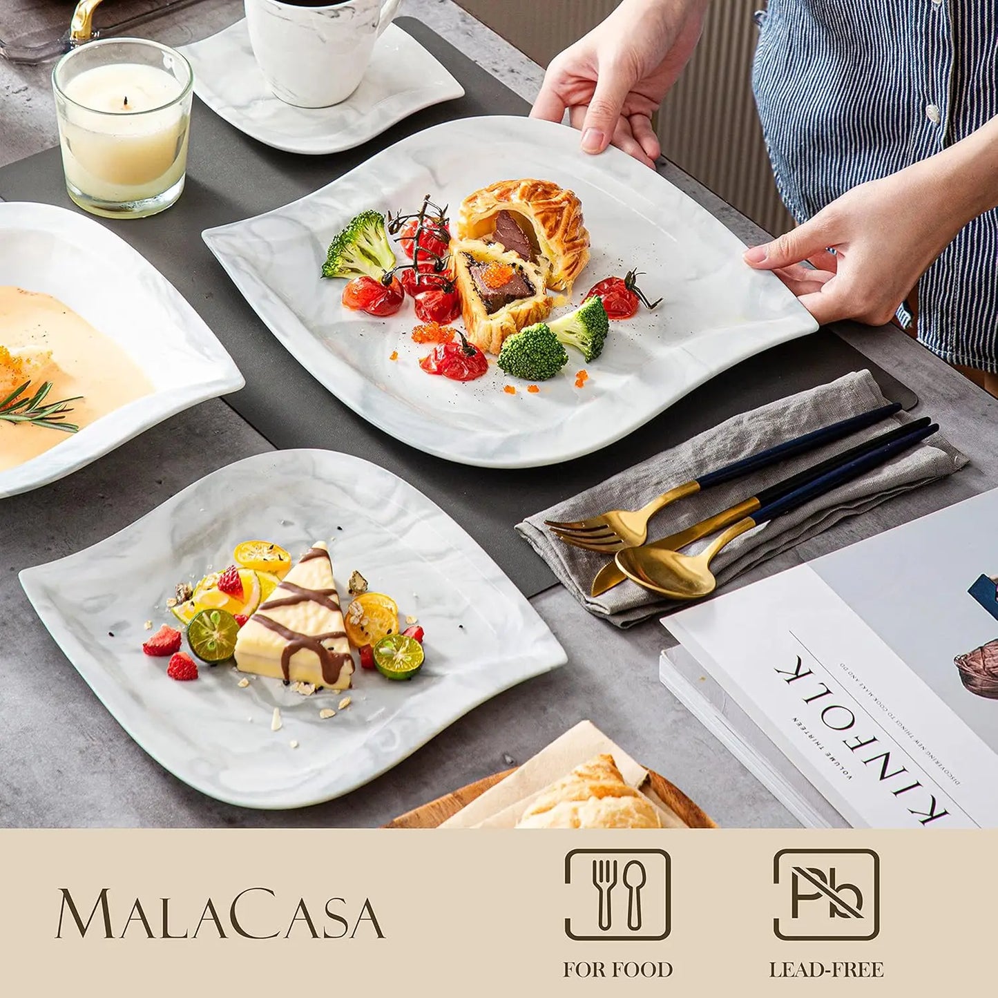 Dinnerware Sets for 6, 30 Piece Porcelain Plates and Bowls Sets, Marble Dish Set with Plates and Bowls, Cup and Saucer, Square P