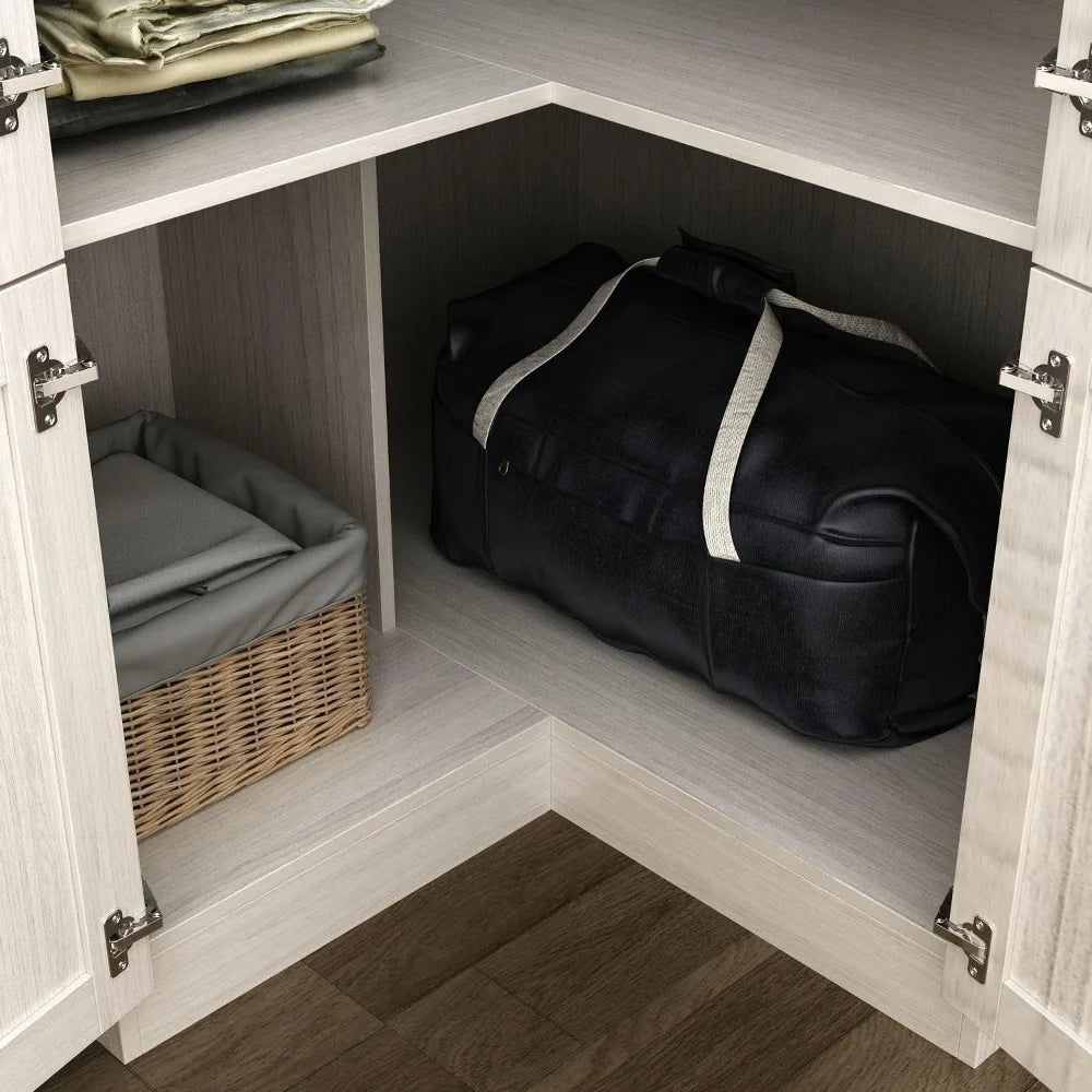 Corner Wardrobe Closet with 2 Glass Doors, Armoire Wardrobe Closet with Hanging Rod, for Bedroom Wood Grain (16.3+19.1”W x 19.1