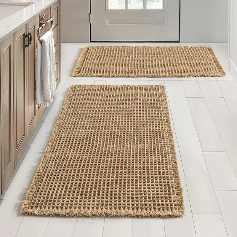 Grid Design Mat Set of 2 Non Slip Rectangle Mats Absorbent Rugs for Home Hotel Bathroom Kitchen Decor
