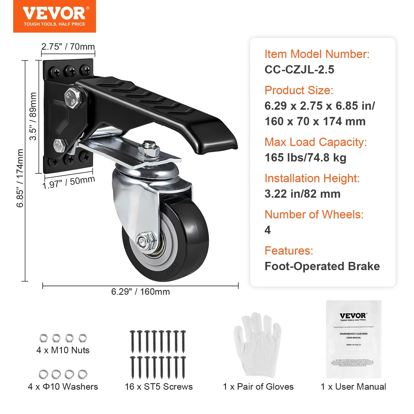 SucceBuy 165 lbs 2.5" Set of 4 Workbench Caster Wheels Mounted Retractable Stepdown Wheel 360° Swivel for Tables and Equipment