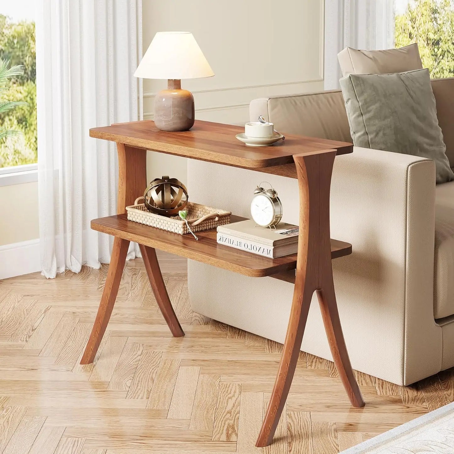 Side Table for Living Room, Farmhouse End Table with 2-Tier Storage Shelf and Solid Wood Legs, Nightstand for Bedroom