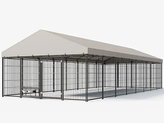 10X19FT Large Dog Kennel Outside with Feeding, Heavy Duty Outdoor Dog Run Cage with Cover & Lock, Outdoor Pet Enclosure Fence fo