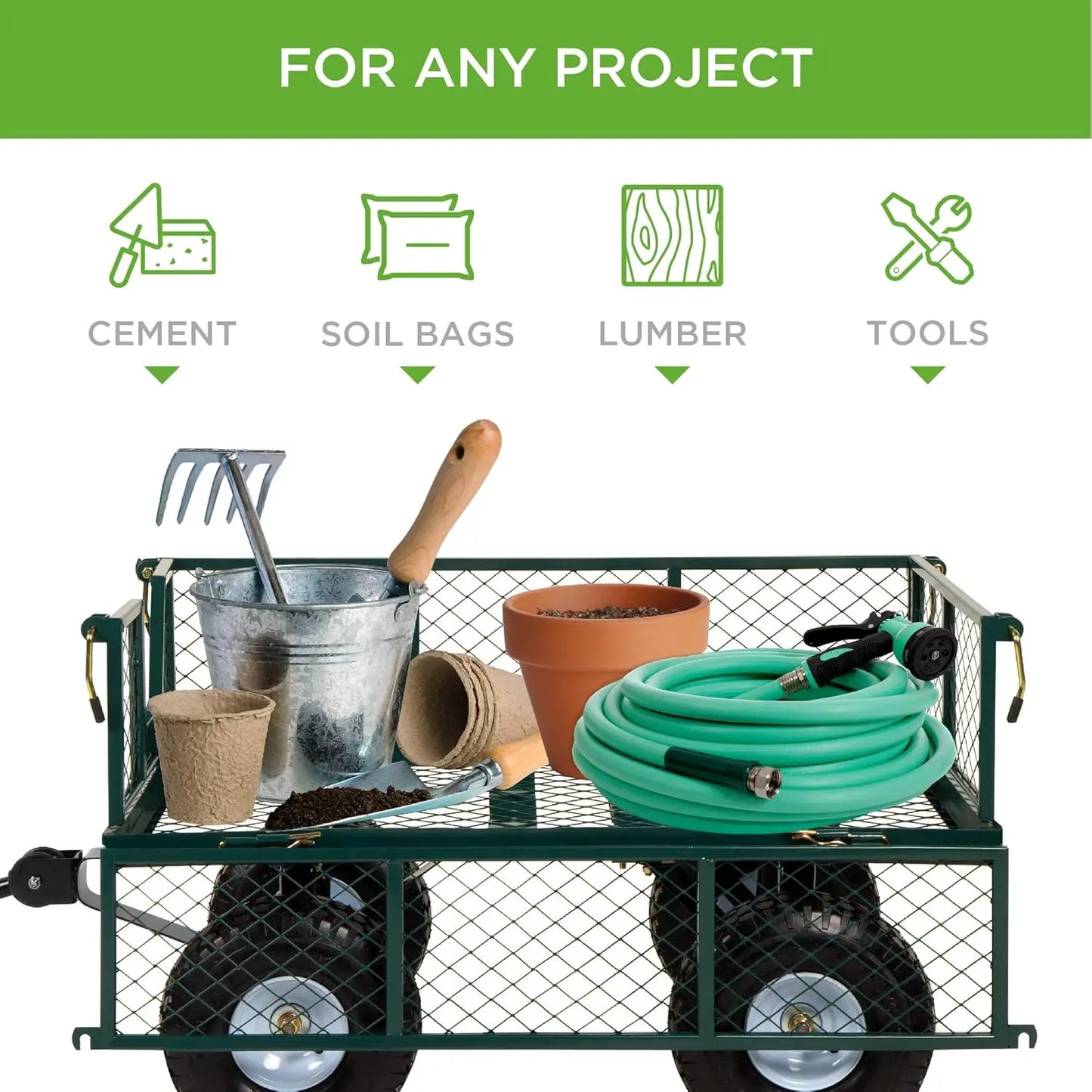 Utility Garden Cart Wagon for Lawn Yard w Heavy Duty Steel 400lb Weight Capacity Removable Sides Long Handle 10in Tires Green