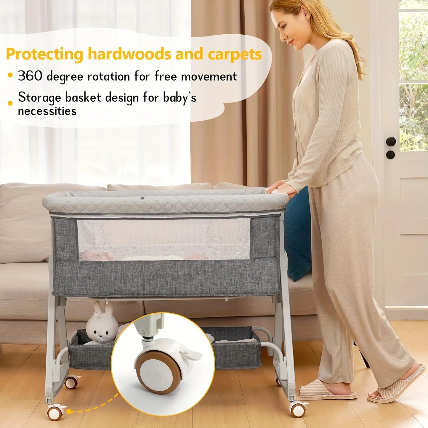 Baby Bassinet, Bedside Bassinet for Baby, 3 in 1 Bassinet Bedside Sleeper with Wheels