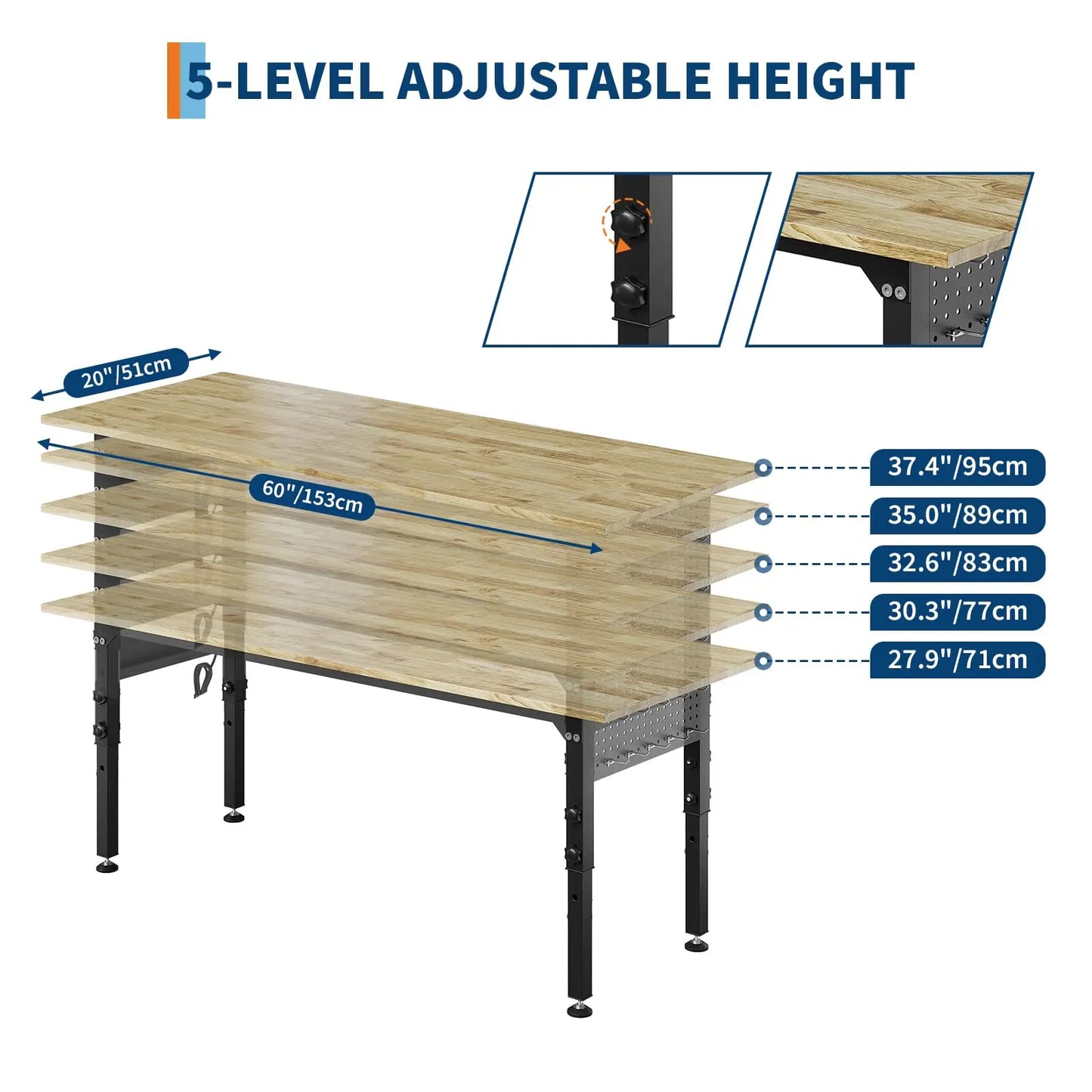 48/60" Adjustable Work Bench for Garage Workstation with Hooks/Power Outlets/Wheels,2000 Lbs Rubber Worktable for Workshop Garag