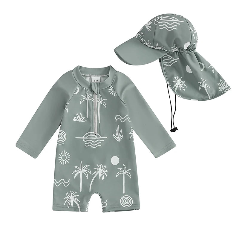 Child s Rash Guard Swimsuit Set with Tropical Palm Tree Print Long Sleeve Mock Neck Zip Bathing Suit and Matching Hat 2 Pieces