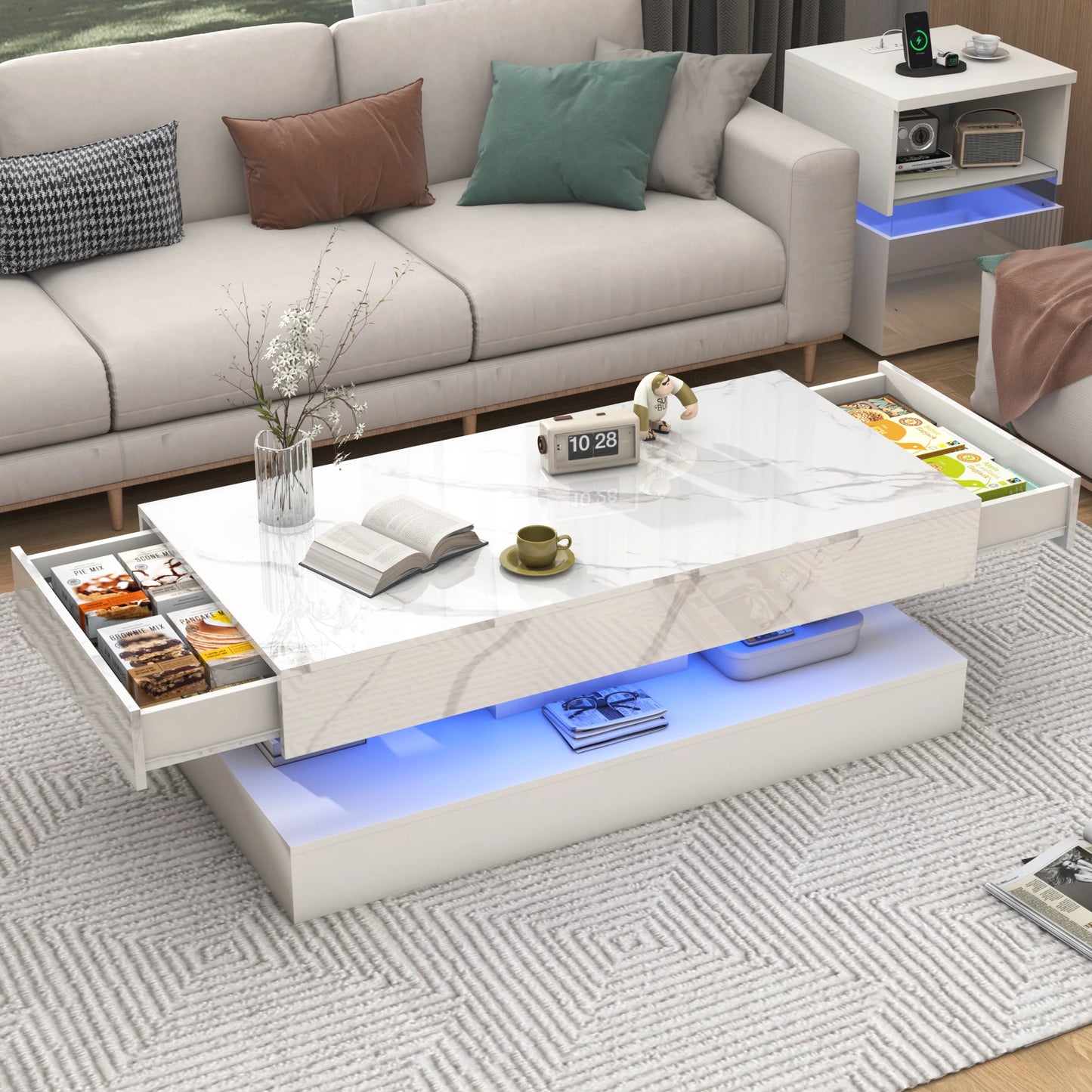 Modern Stylish Coffee Table with LED Lights Double Layer Design and Two Storage Drawers for Living Room