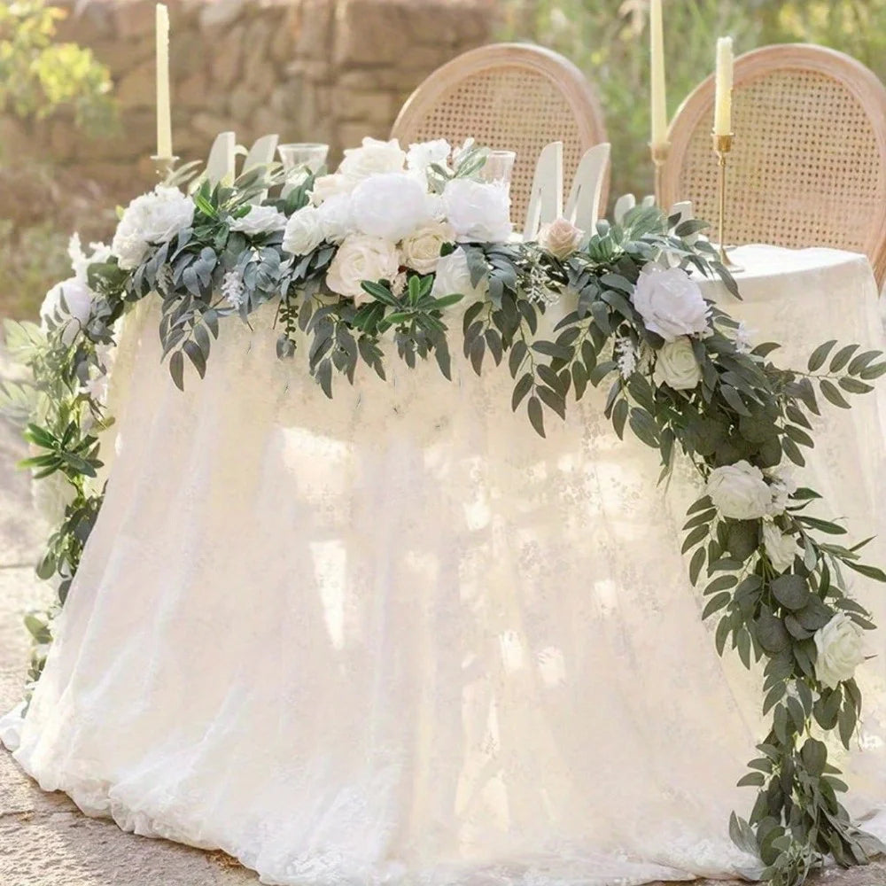 5.9ft Eucalyptus Willow Leaf Garland with Flower, Handcrafted Wedding Sweetheart Table Centerpieces Arch Backdrop Decorations