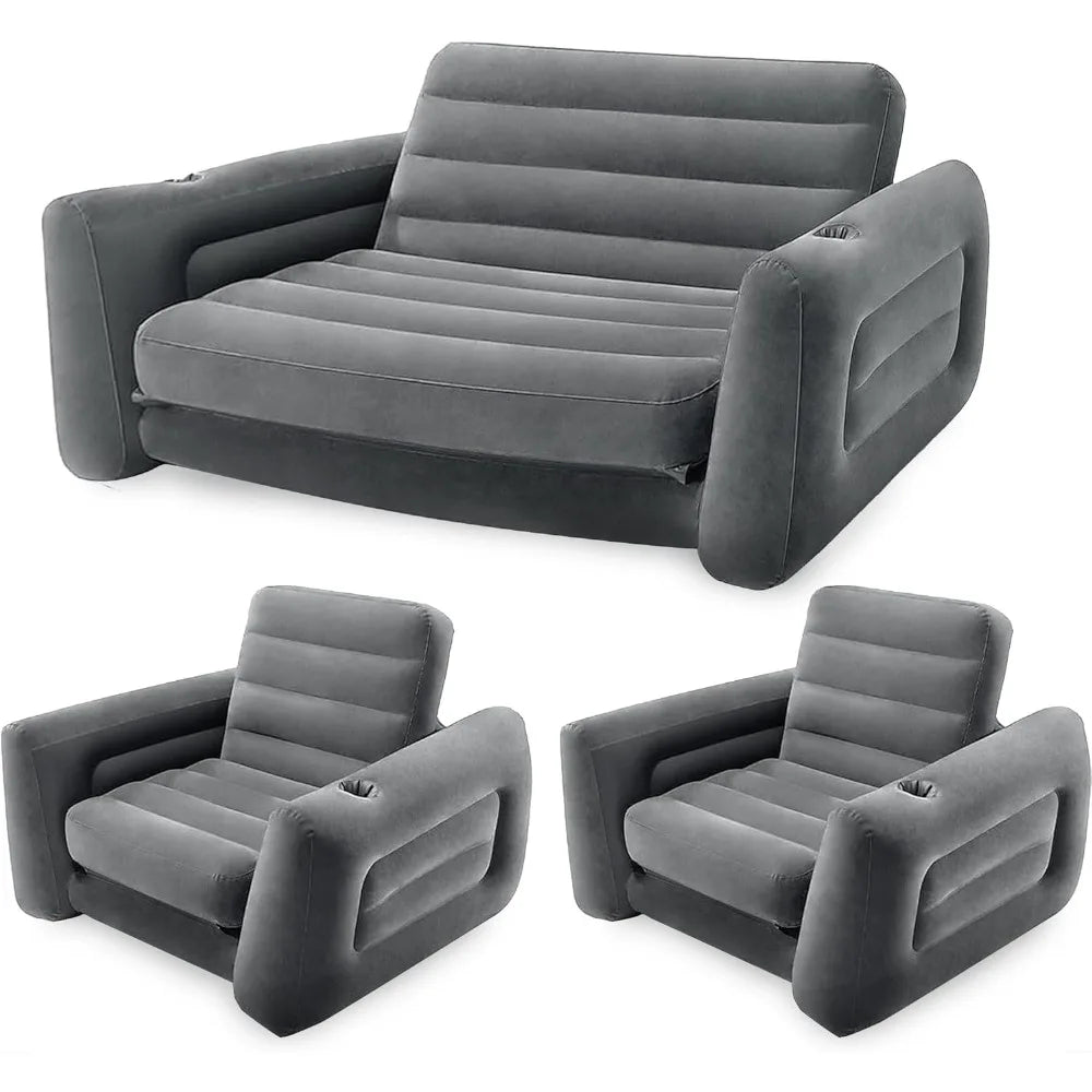 Inflatable Furniture Set with Queen Sized Pull-Out Sofa Bed, Gray - Air Mattress, Lounge Chairs, Guest Beds, Living Room Sofa