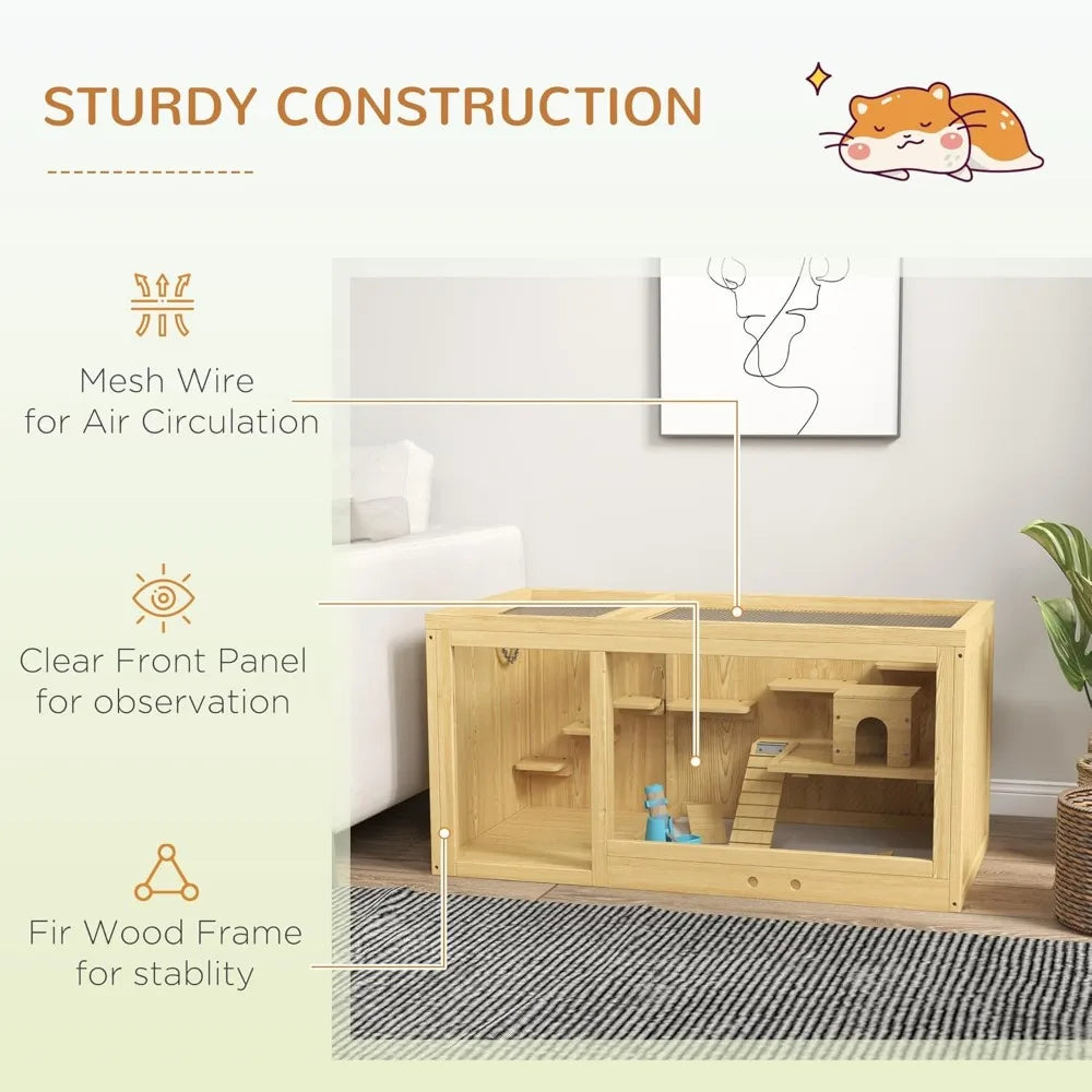 Wooden Hamster Cage, Extra Large Gerbil Cage, Multi-Layer Small Animal Cage for Dwarf Hamster, Activity Center with Pull-Out Tr