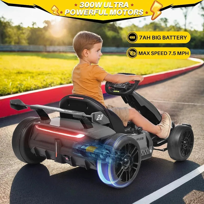 Blitzshark 24V Kids Go Kart 300W Drift Kart Powerful Electric Pedal Kart Outdoor Race Toy, with 2X150W Strong Motor