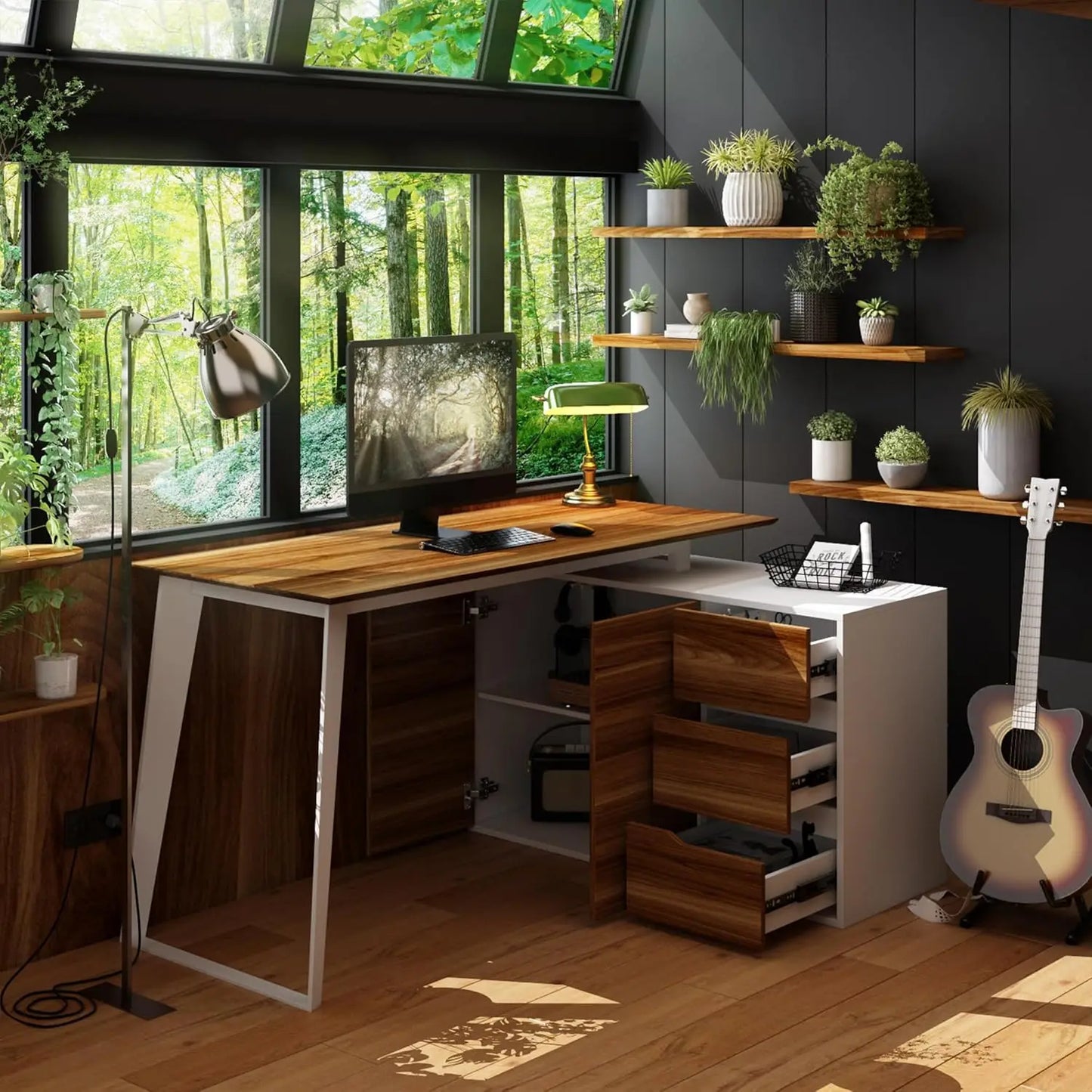 Home Office Computer Desk Corner Desk with 3 Drawers and 2 Shelves, 55 Inch Large L-Shaped Study Writing Table with Storage