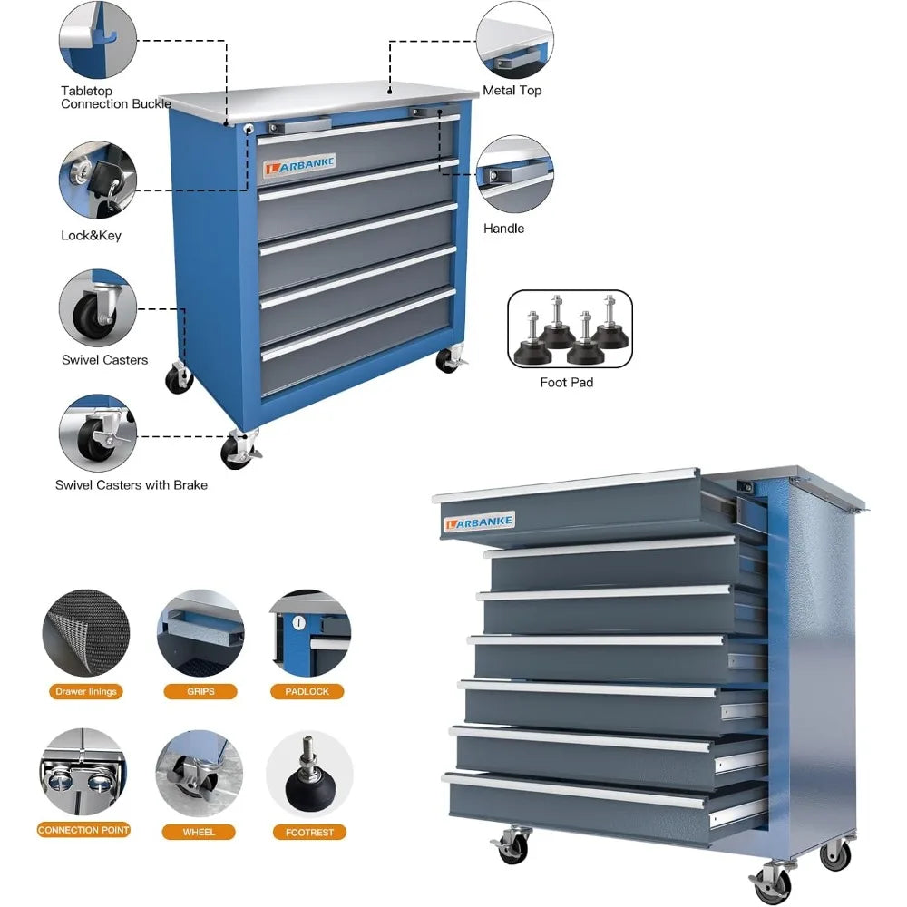 Combination 12-Drawer Tool Chest with Stainless Steel Countertop,7 Drawer 5 Drawer Tool Chest for Connected Use,Locking System