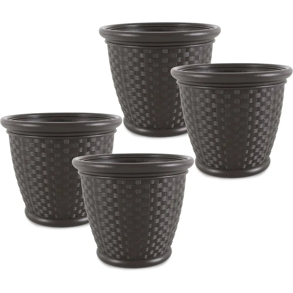 18 Inch Plastic Wicker Decorative Garden Flower Planter Planting Pots for Garden, Backyard (4 Pack)