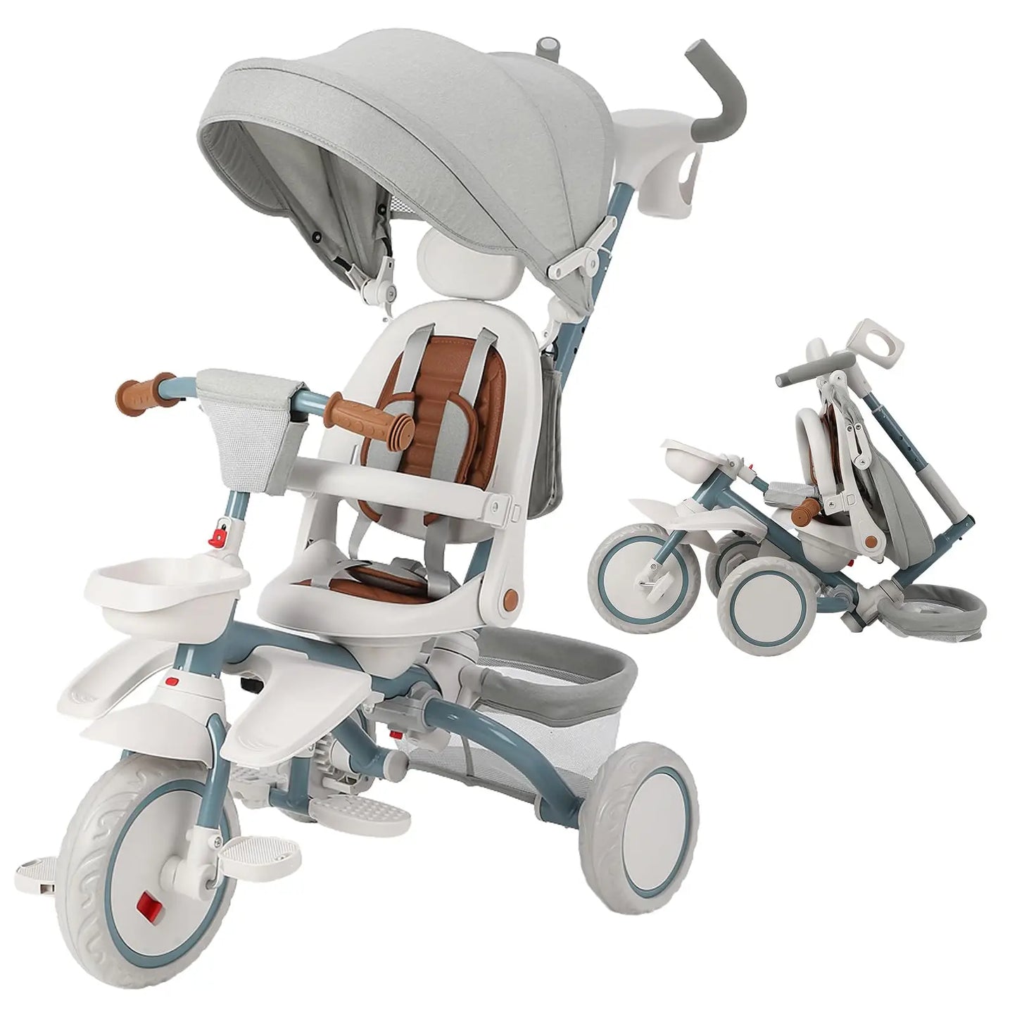 Foldable Baby Tricycle for Kids, 7 in 1 Toddler Tricycle Stroller for 1-5 Year Old, Baby Trike with Safety Harness, Adjustable