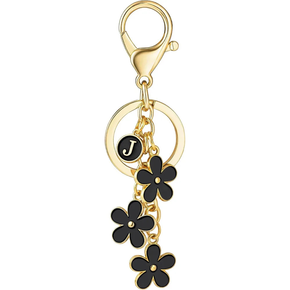 Initial Keychain White/Pink Flower Charms Key Cute Letter Keyring For Handbag Backpack