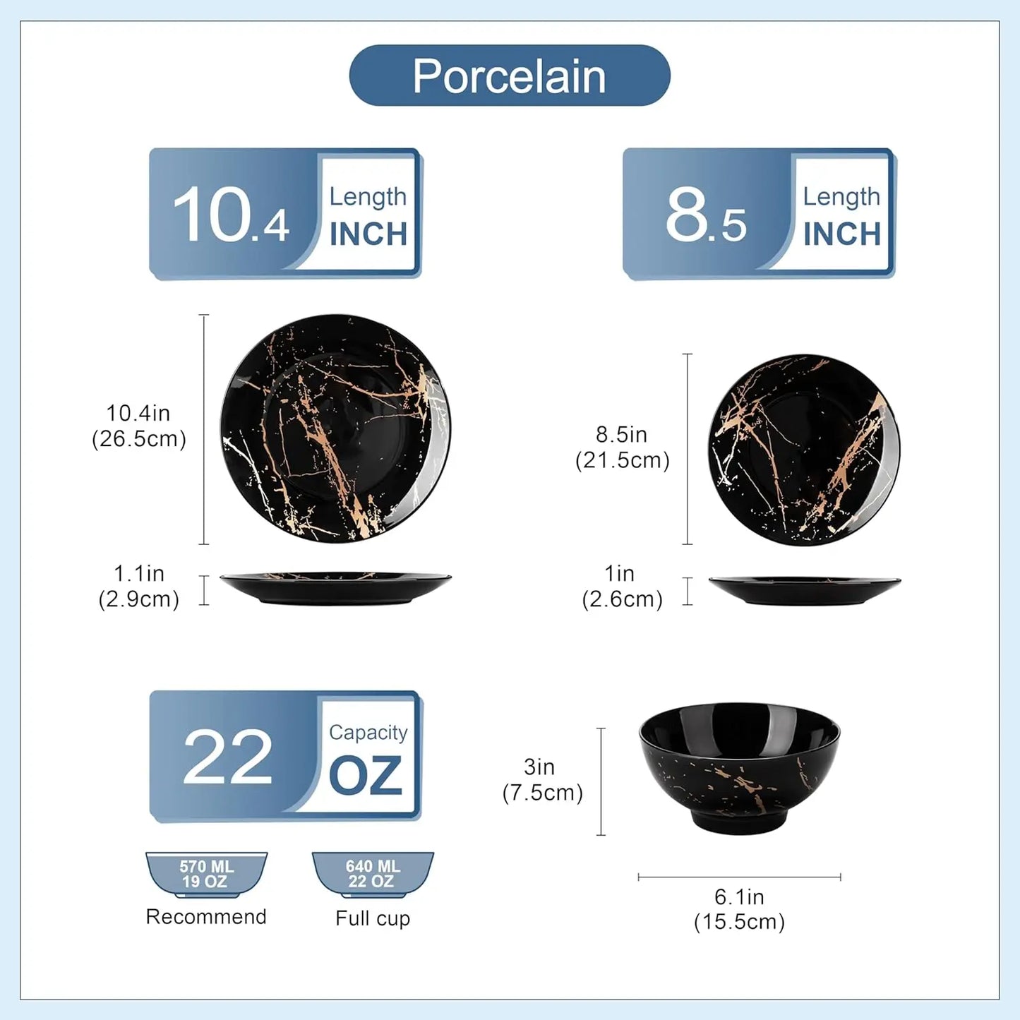 Plates and Bowls Sets for 4, 12 Pieces Porcelain Dinnerware Sets, Black and Gold Dish Set Gold Splash Dishware Sets, Dishwasher