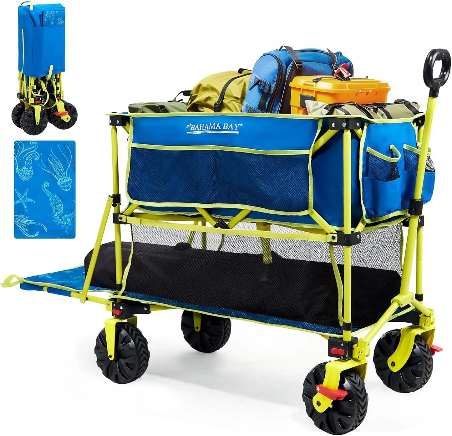 400L Collapsible Double Decker Beach Wagon with Brakes Folding Beach Cart with 54" Extra Long Decker 450LBS Heavy Duty Wagon Cha