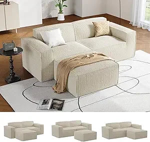 80 Inch Sectional Sofa with L-Shape Chaise, Plush Corduroy Cloud-Like Seating, High-Back Upholstered Living Room Furniture