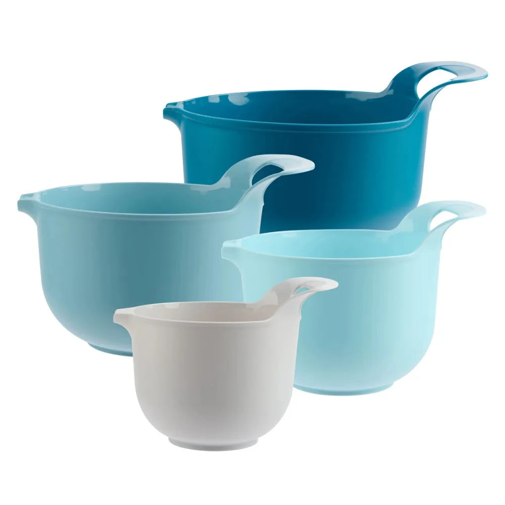 Nesting plastic mixing bowl set with pouring spout and handle, blue