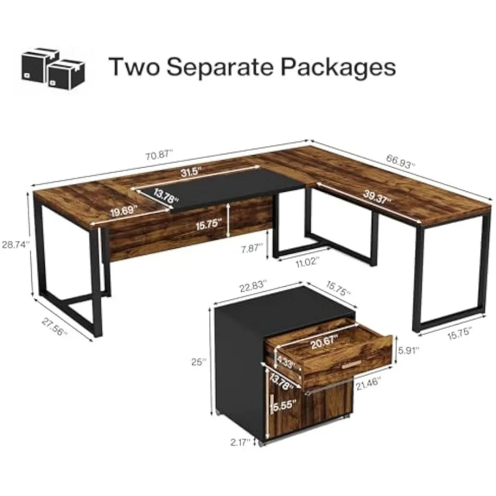 "70” Executive Desk with File Cabinet – Large L-Shaped Design with Storage & Drawer Cabinets – Computer Office Workstation"