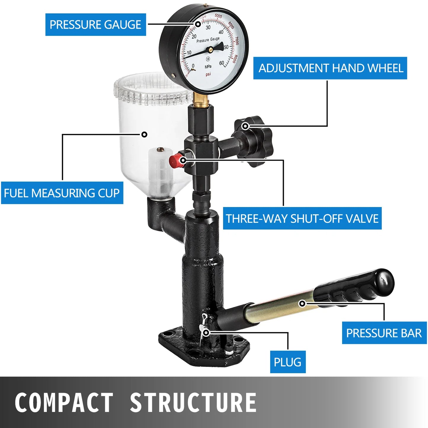 SucceBuy Diesel Fuel Injector Nozzles Tester with Dual Scale Gauge 6000PSI Engine Fuel Tester Repair Tool for Car Tractor Truck