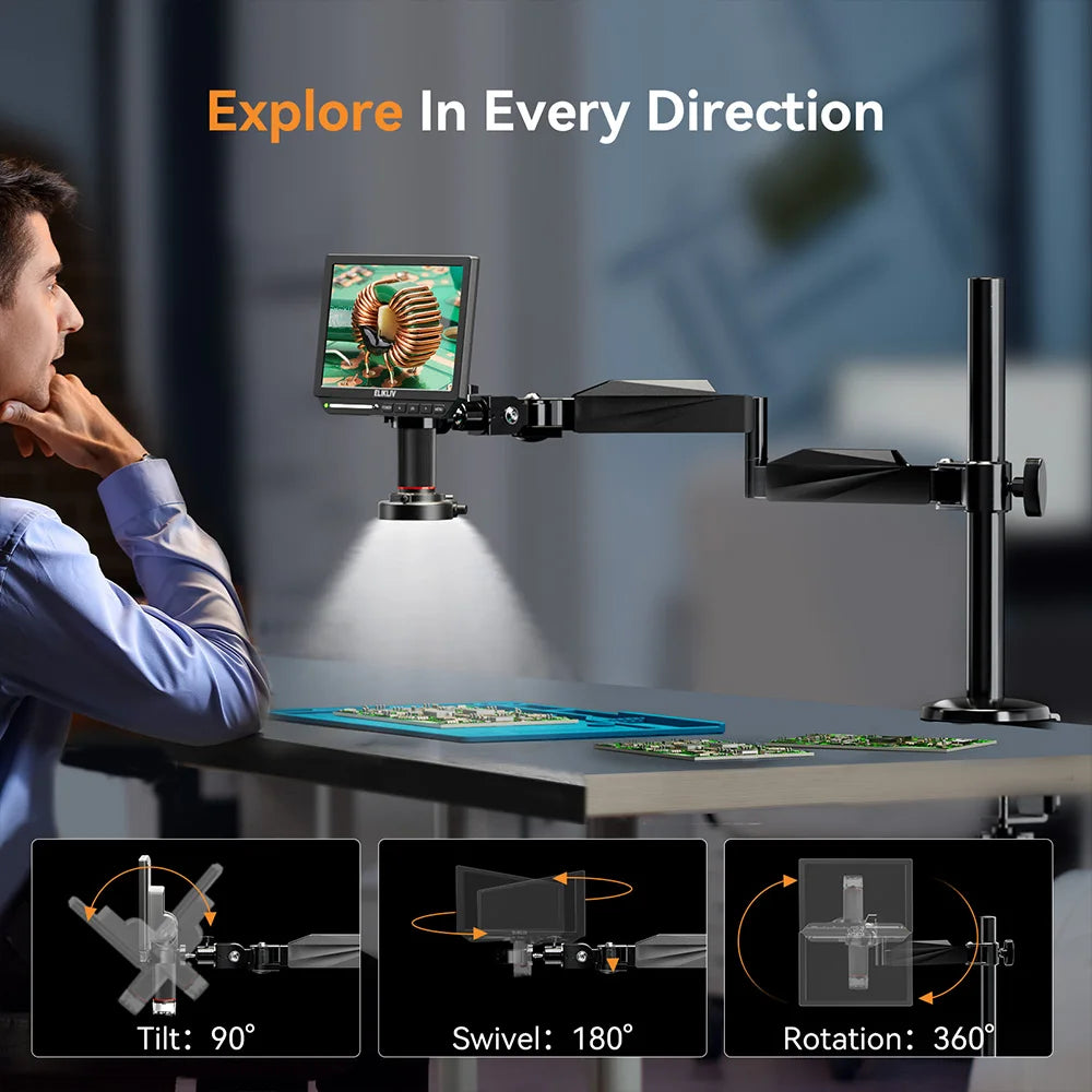 ELIKLIV EM4K Flex 2000X 4K Digital Microscope with Boom Arm 10.1" HDMI Soldering Microscope for Electronics Coin Jewelry View