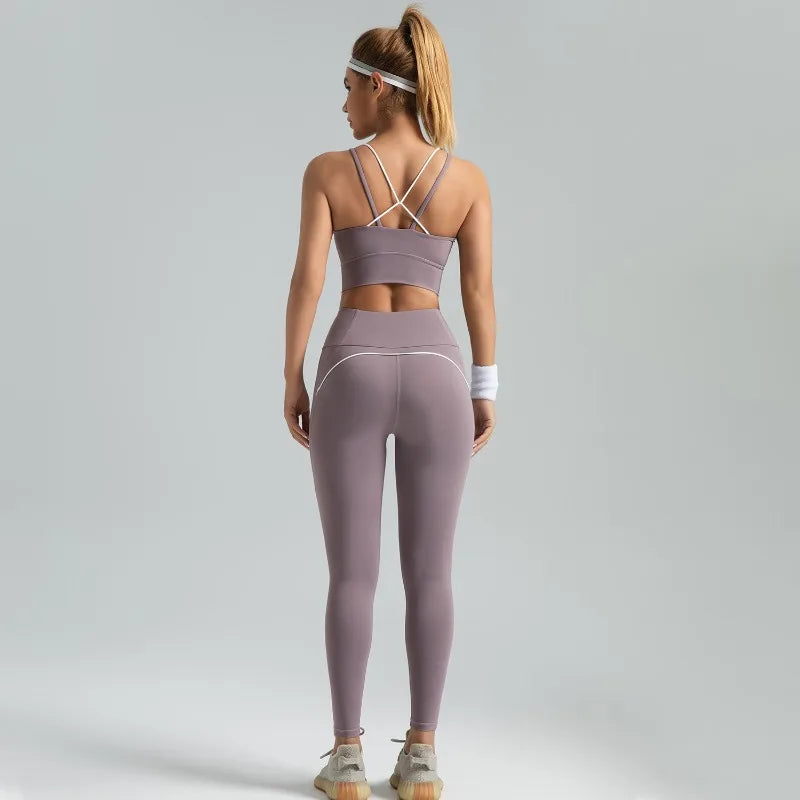 New Women's 2pcs Yoga Set Yoga Clothes High Waist Strap Cross High-elasticity Yoga Sports Bra Fitness Wear Set Women's Tracksuit