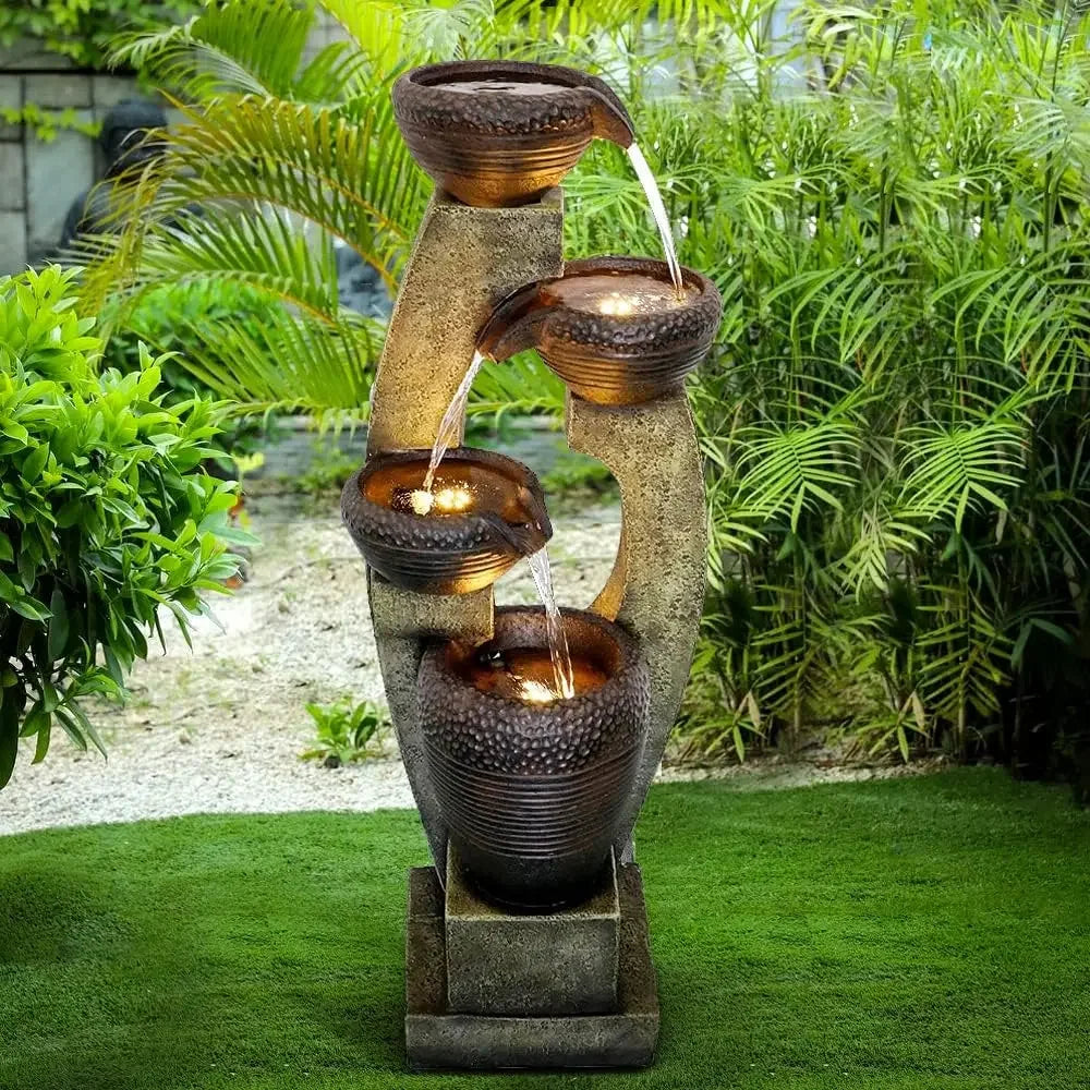 Modern Outdoor Fountain - 4 Crocks Outdoor Garden Fountains with Contemporary Design&LED Light for Garden,Patio, Deck, Porch