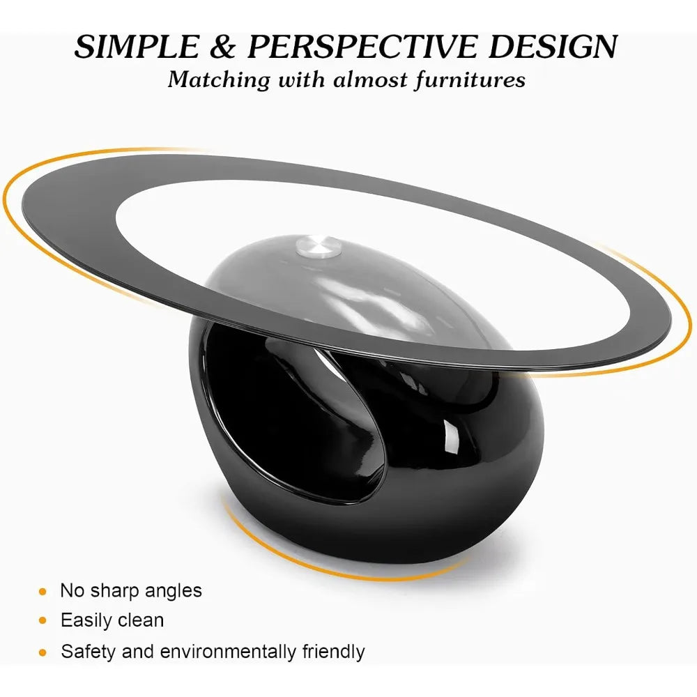 Oval Glass Coffee Table with High Gloss Hollow Base & Tempered Glass Top, Side Table for Living Room, Sitting Room, Black Uniqu
