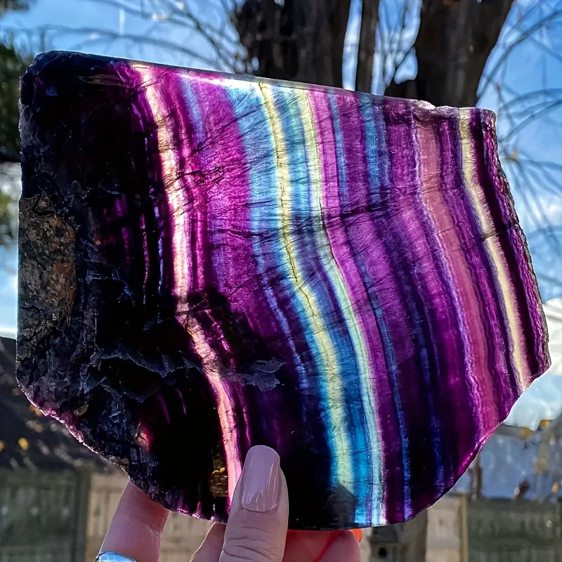 1pc Natural Polished Fluorite Crystal Slice - Vibrant Purple & Blue Striations Crystal for, Meditation, Home & Garden Decor, Boh