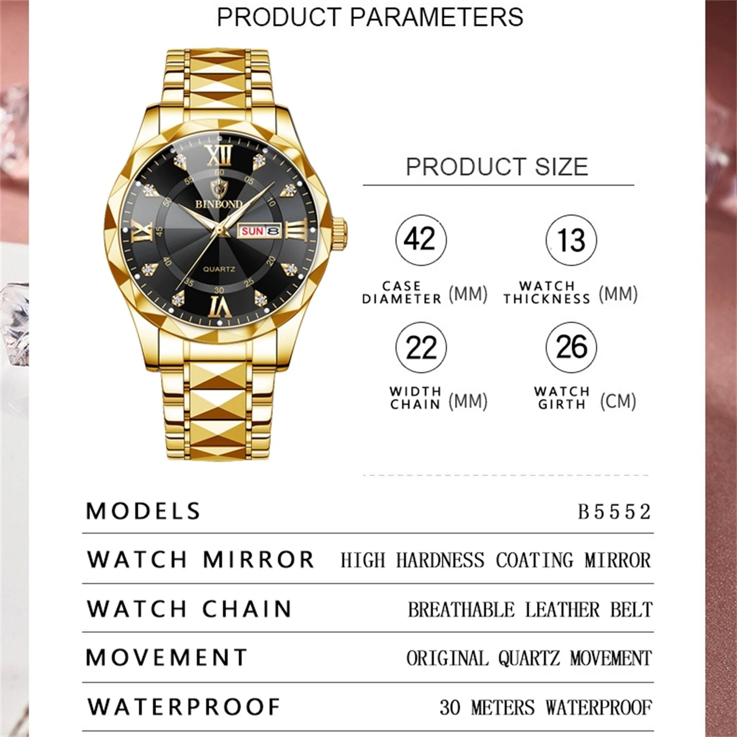 2pcs/set Couple Watches for Men and Women 316 Stainless Steel Strap Gold and Silver Blue dial English Week Calendar Date Display