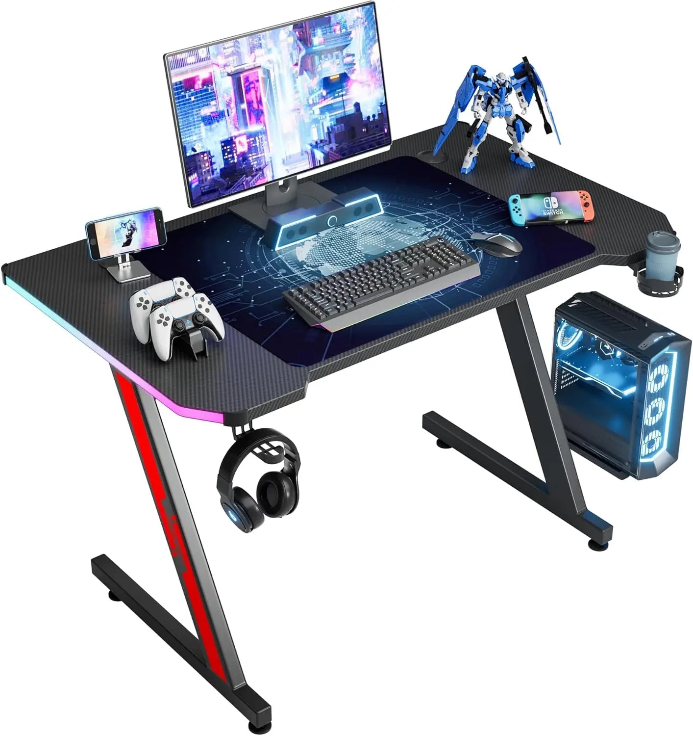 Gaming Computer Desk with Carbon Fiber Surface, Gaming Table Z Shaped PC Home Office with Cup Holder&Headphone Hook