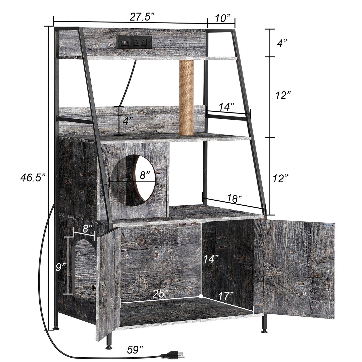 Cat Litter Box Enclosure with 2 Storage Shelves Enclosure Furniture with Charging Station,Cat Washroom with Cat Tree Tower