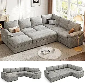 108 Inch Sectional Sleeper Sofa with Pull Out Bed, U Shaped 7 Seat Modular Sectional Sofa with Storage, Sectional Couches for Li