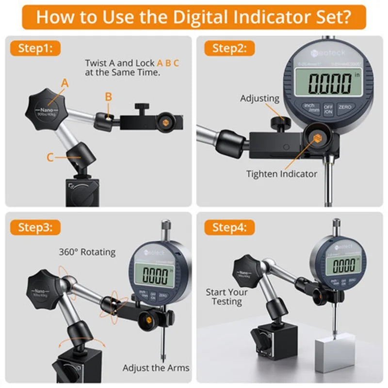 Neoteck Industrial 0-1" Dial Indicator Magnetic Base 0.0005" Accuracy Machinist Precision Testing Tools