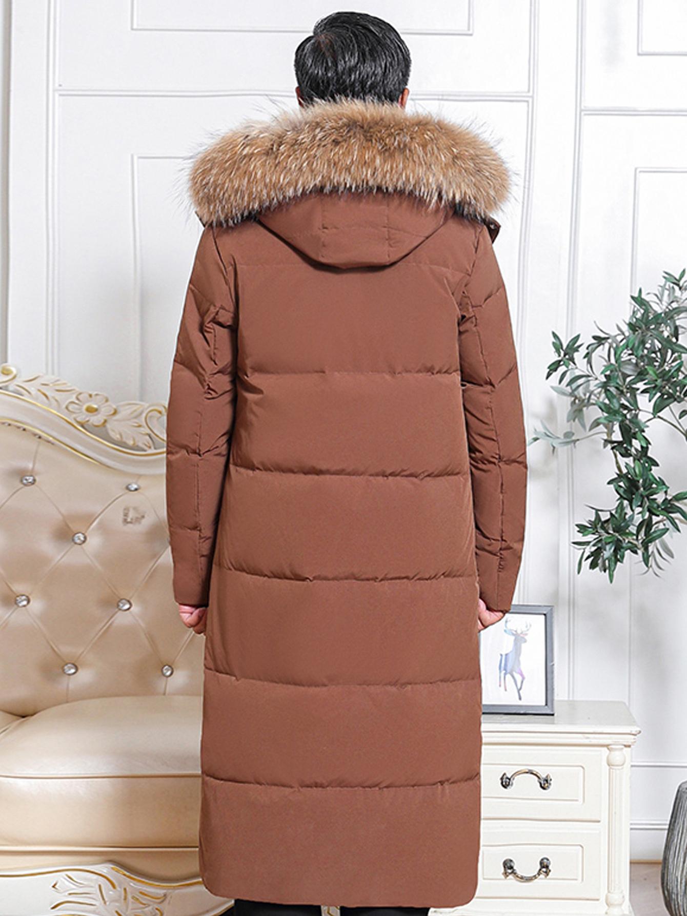 Men'S Long Warm Hooded Coat with Faux Fur Collar | Thickened Winter Jacket for Middle-Aged and Elderly Men, Solid Color, Regular Fit, Zipper Closure